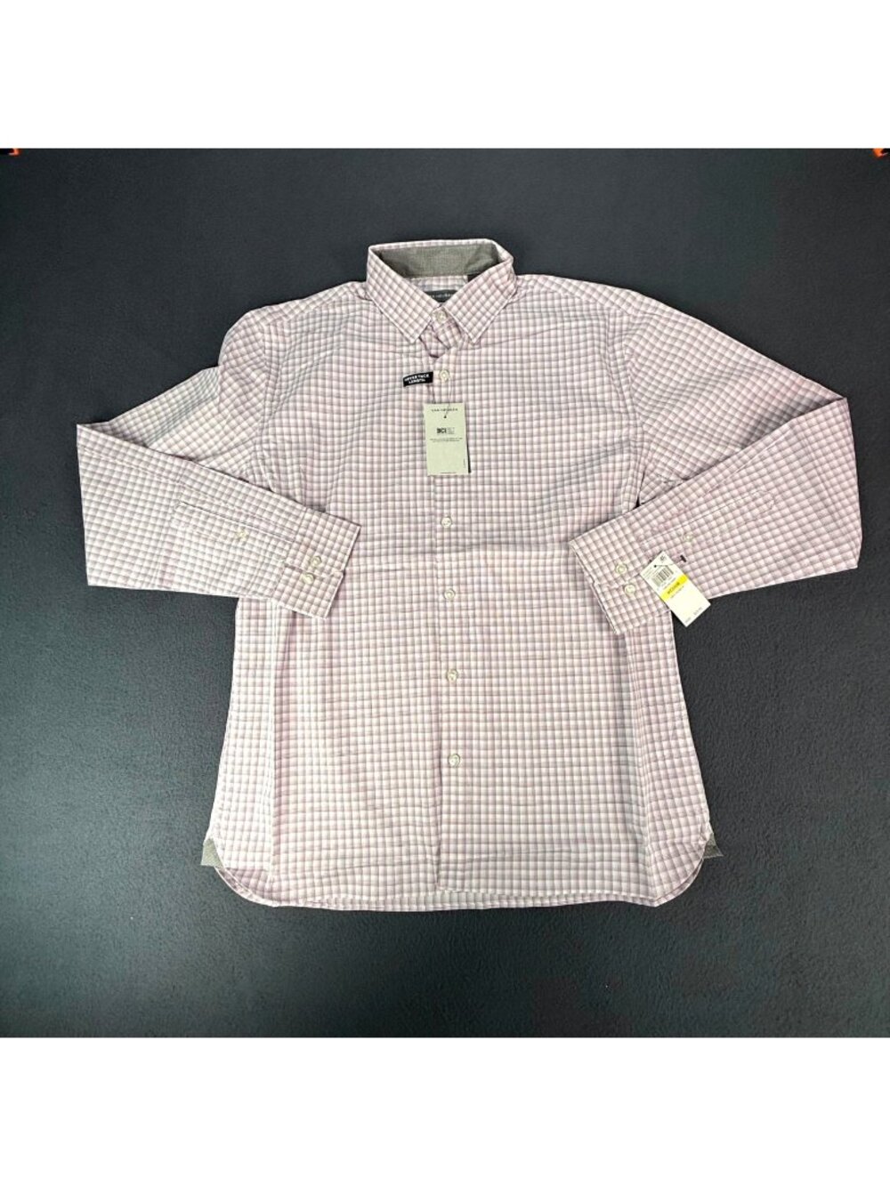 NWT Van Heusen Mens Med 15/15.5 Never Tuck Reg Fit Long Sleeve Button Pink Plaid
